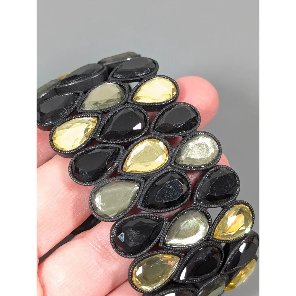 Black Yellow Teardrop Rhinestone Wide‎ Stretch Statement Bracelet